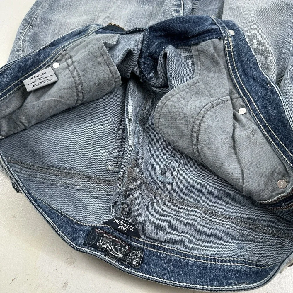 Silver Women's Sam Boyfriend Distressed Jeans 34x28 Blue Stretch Light‎ Wash